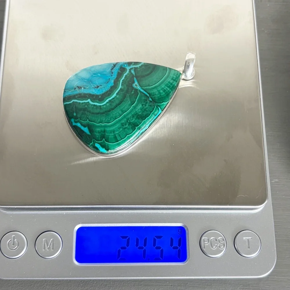 Pure Sterling Silver 925 XL Top Quality Malachite Chrysocolla Pendant Pear New